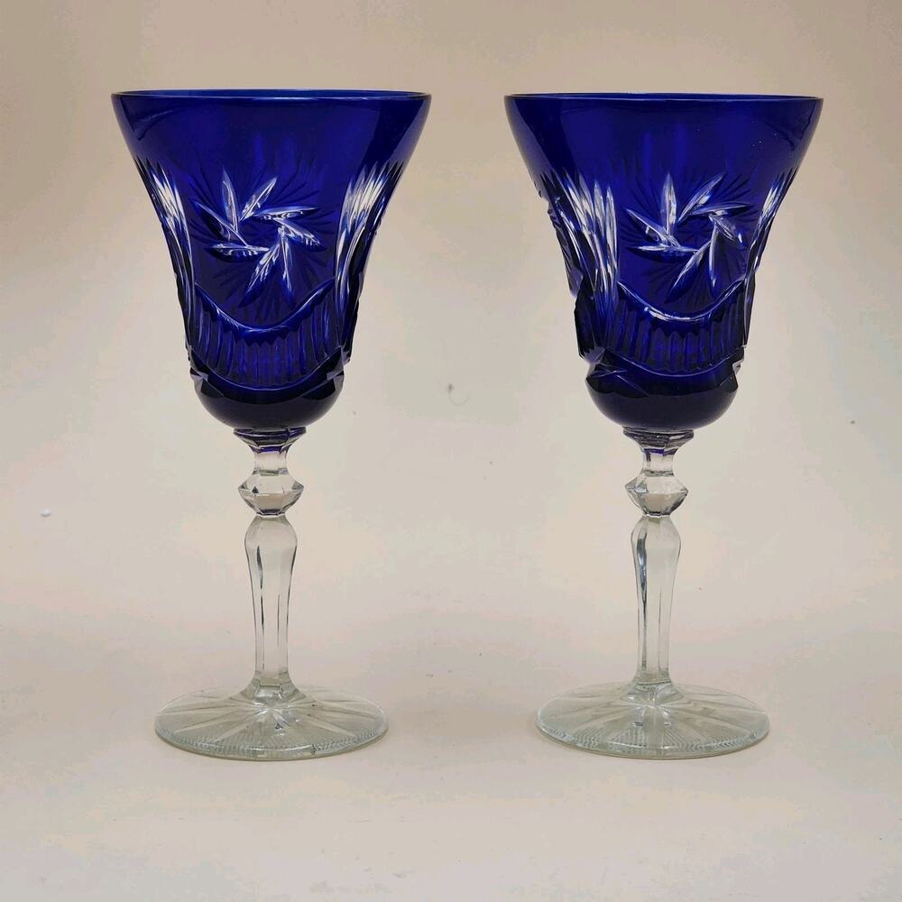 Vintage Bohemian Cobalt Blue Cut To Clear Crystal Wine Goblets Pair 6.75"